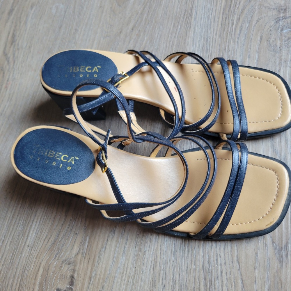 Tribeca Studio Women Strappy Sandal 10 Navy Leather Block Heel Minimalist Square
